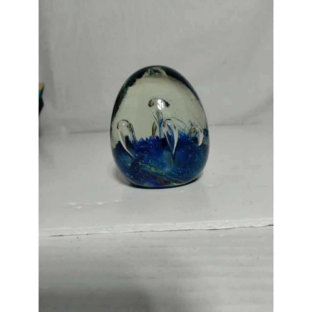Blue Egg Shape Art Glass Paperweight Controlled Bubbles Design‎ Handcrafted